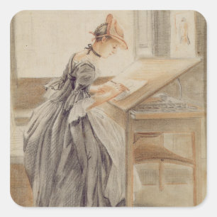 A Lady Copying at a Drawing Table, c.1760-70 (grap Square Sticker