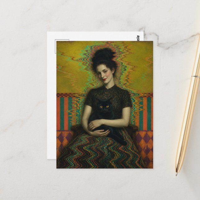 A Lady with a black cat Glitch Art Postcard (Front/Back In Situ)