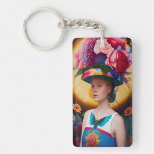 A lady with a floral sun hat key ring