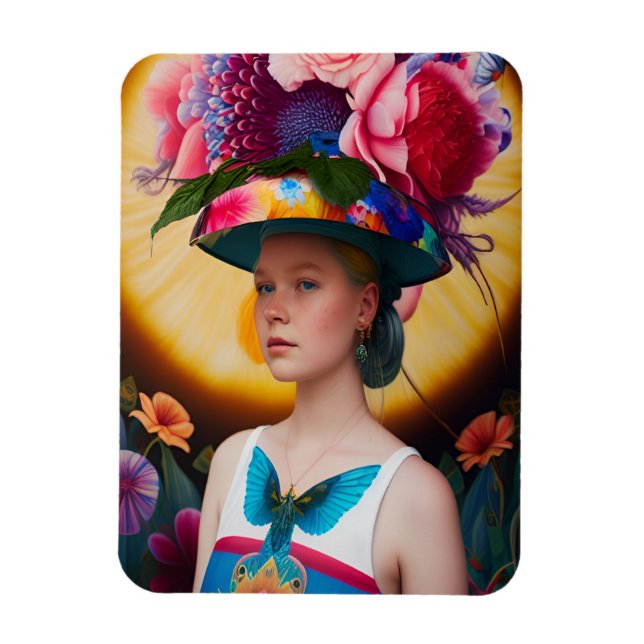 A lady with a floral sun hat magnet (Vertical)