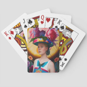 A lady with a floral sun hat playing cards