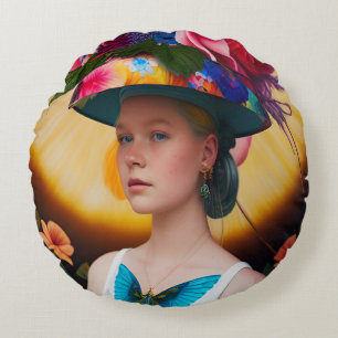 A lady with a floral sun hat round cushion