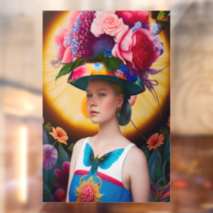 A lady with a floral sun hat window cling