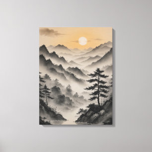 a landscape of mountains with trees and fog canvas print