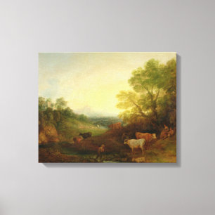 A Landscape with Cattle and Figures by a Stream an Canvas Print