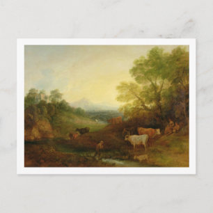 A Landscape with Cattle and Figures by a Stream an Postcard