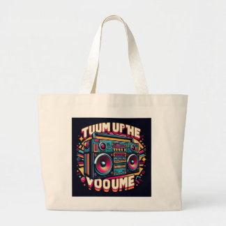 A large boom box graphic with "Turn Up the Volume" Tote Bag