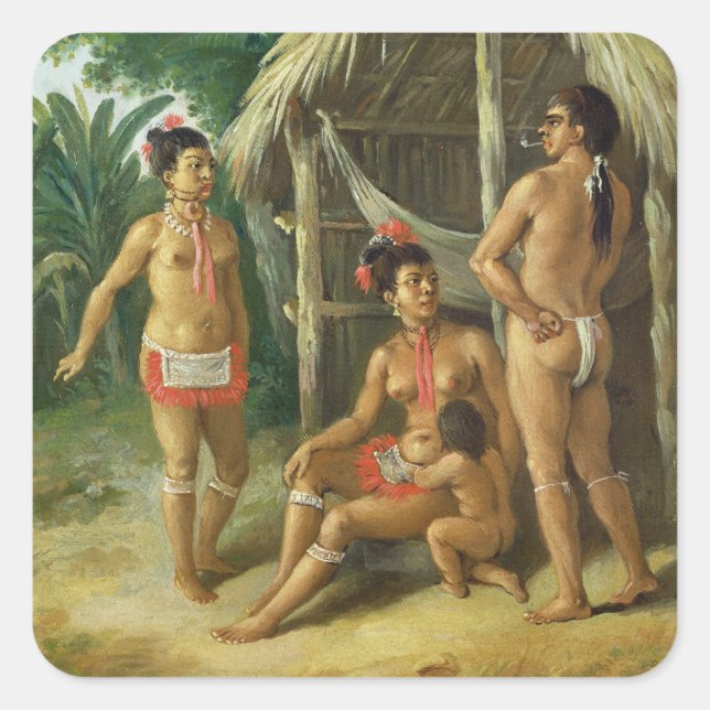 A Leeward Islands Carib Family outside a Hut, c.17 Square Sticker (Front)