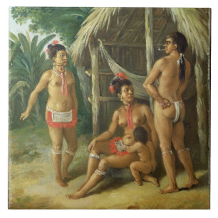 A Leeward Islands Carib Family outside a Hut, c.17 Tile