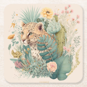 A leopard behind the bush custom square paper coaster