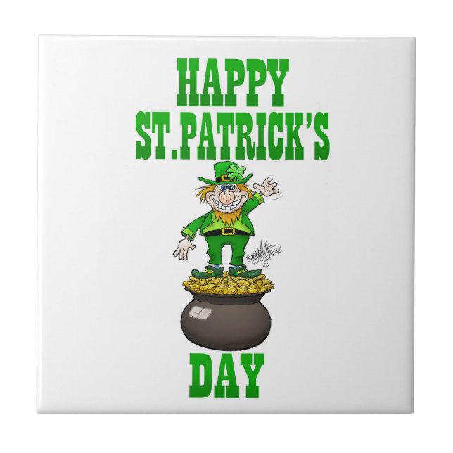 A Leprechaun standing on a pot of gold. Tile (Front)