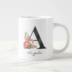 A Letter Black Monogram Floral Red Purple Greenery Large Coffee Mug