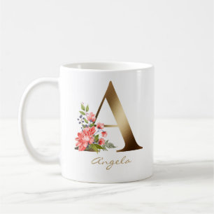 A Letter   Faux Gold Foil Monogram Floral Coffee Mug
