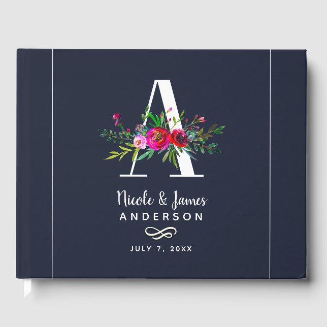 A Letter Initial Monogram Floral Name Wedding Guest Book (Front)