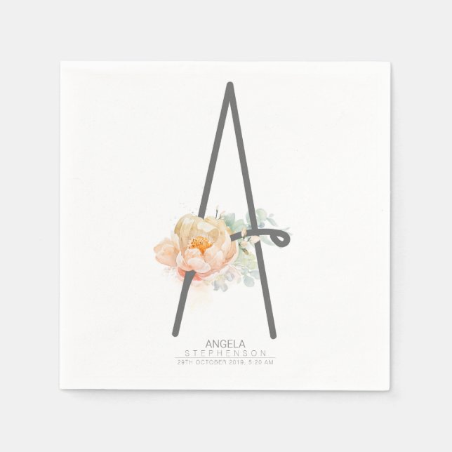 A Letter Monogram Blush Peach Floral CR Napkin (Front)