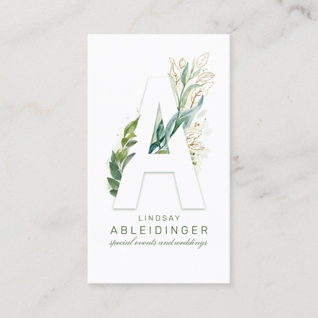 A Letter Monogram Gold Greenery Leaves Elegant Business Card (Front)