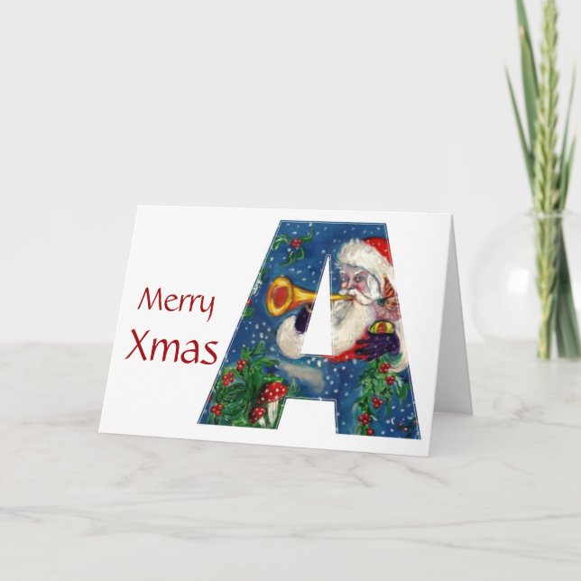 A LETTER / SANTA CLAUS WITH RED RIBBON MONOGRAM HOLIDAY CARD (Front)