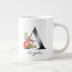 A Letter Silver Monogram Floral Red Purple Green Large Coffee Mug