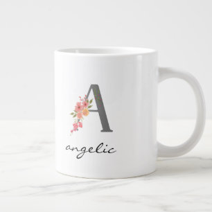 A Letter Silver Monogram Floral Red Purple Green Large Coffee Mug