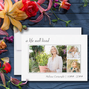 A Life Well Lived Bordered 3 Photo Funeral Thank You Card