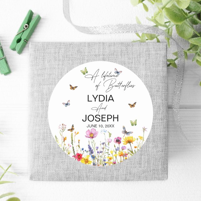 A Lifetime of Butterflies Wildflowers Wedding Classic Round Sticker (Creator Uploaded)