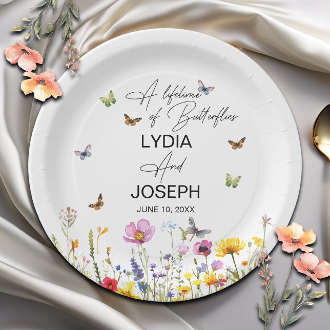 A Lifetime of Butterflies Wildflowers Wedding Paper Plate (Creator Uploaded)