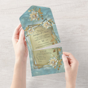 A light blue palette in front of a copper/bronz all in one invitation