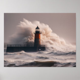 A lighthouse surrounded by waves poster