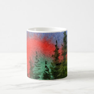 A line of pines bathed in vivid evening sky colour coffee mug