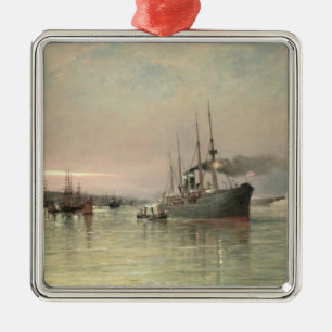 A Liner and Other Shipping before the Statue of Li Metal Tree Decoration