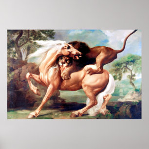 A Lion Attacking A Horse Painting-17620 Poster