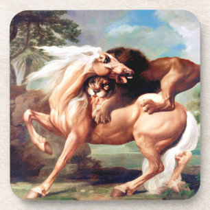 A Lion Attacking A Horse Painting Coaster