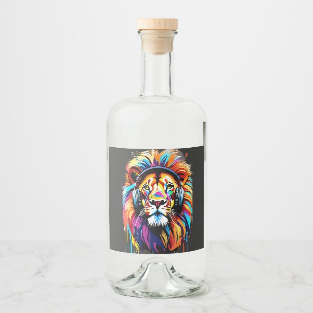 A lion in headphones liquor bottle label (Front)