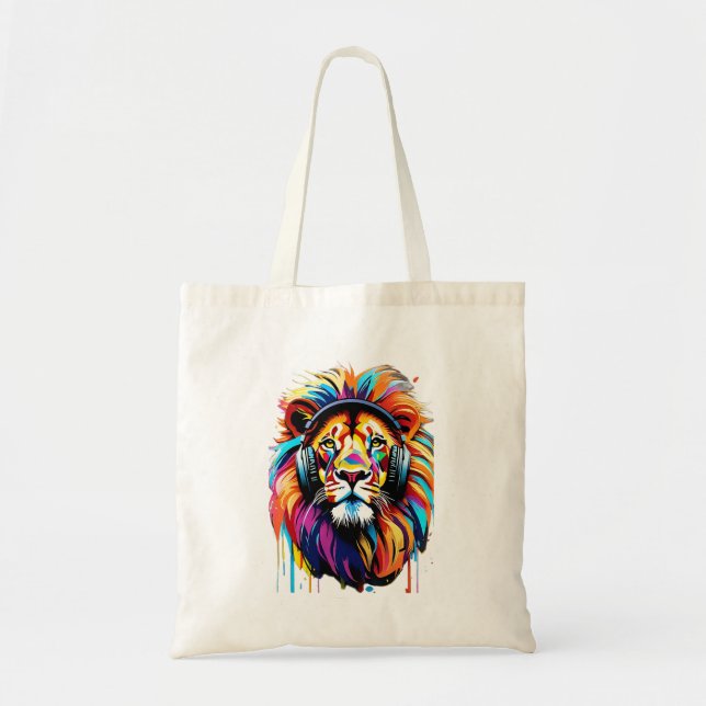 A lion in headphones tote bag (Front)