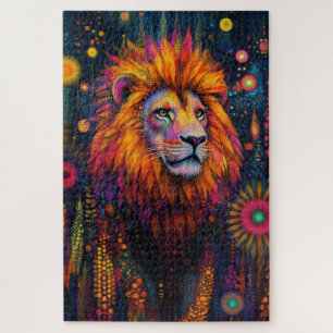 A lion walking through a psychedelic jungle jigsaw puzzle