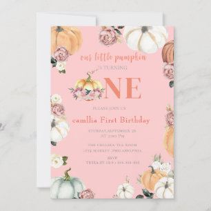 A littl Fall Pumpkins Watercolor  Girl 1st Birthd Invitation