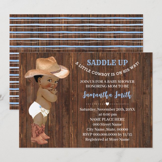 A Little AA Cowboy in on His Way Blue Baby Shower Invitation (Front/Back)