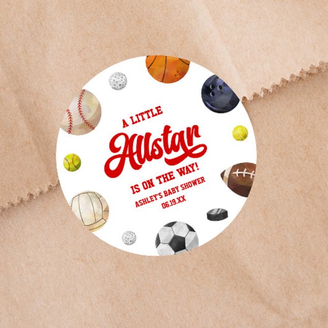 A Little Allstar Is On The Way! Sports Baby Shower Classic Round Sticker (Creator Uploaded)