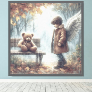 A little Angel Boy and Teddy Bear Canvas Print