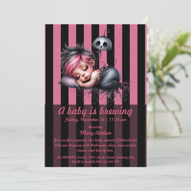 A Little Baby is Brewing | Pink Halloween Baby Sho Invitation (Standing Front)