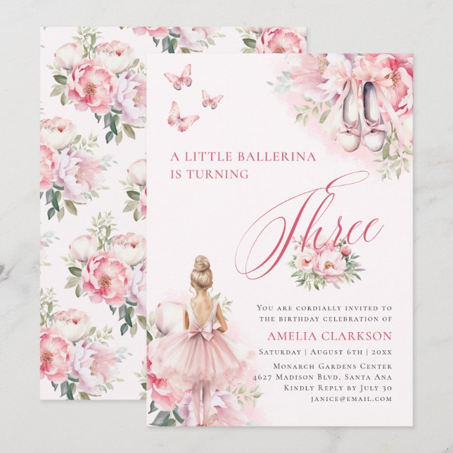 A Little Ballerina Swan Lake Third Birthday Invitation (Front/Back)