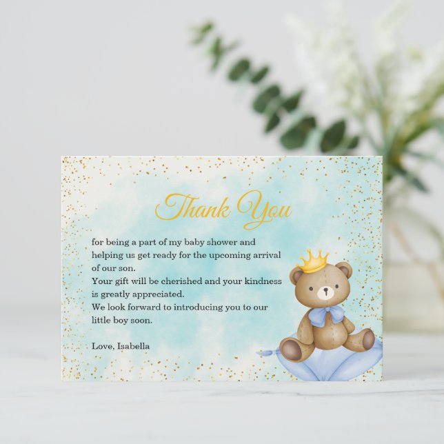 A Little Bear Prince Blue Gold Boy Baby Shower  Thank You Card (Standing Front)