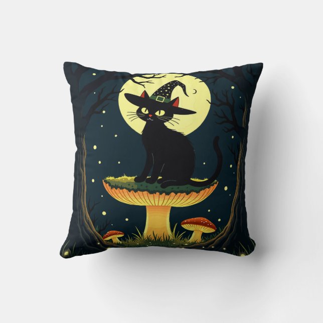 A Little Black Witchy Cat Sitting On A Toadstool Cushion (Back)