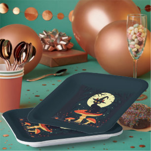 A Little Black Witchy Cat Sitting On A Toadstool Paper Plate