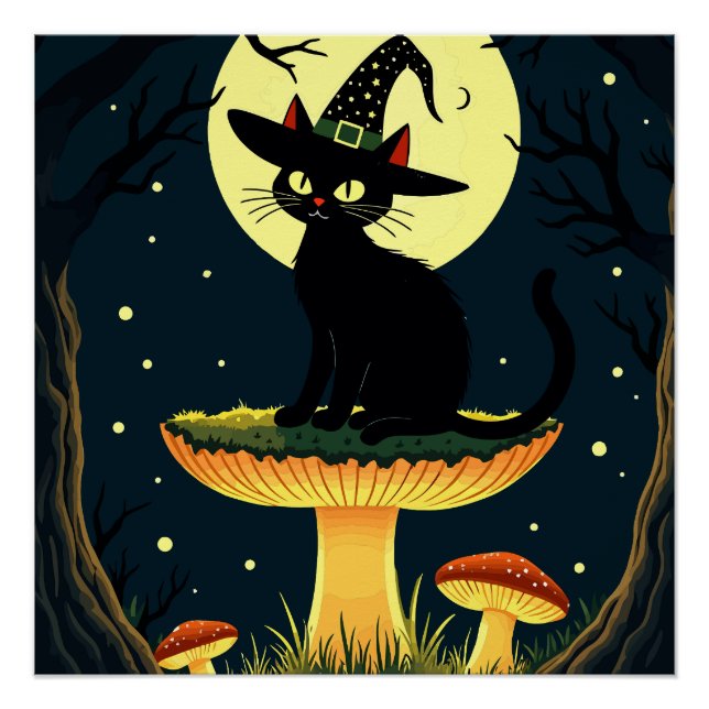  A Little Black Witchy Cat Sitting On A Toadstool  Poster (Front)