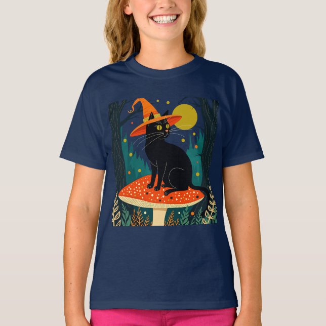 A Little Black Witchy Cat Sitting On A Toadstool T-Shirt (Front)