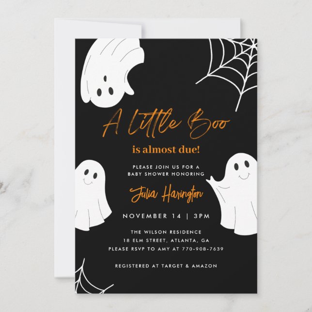 A Little Boo Black Halloween Baby Shower Invitation (Front)