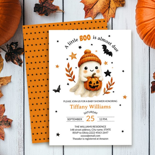 A Little Boo cute ghost Baby Shower Invitation  (A little BOO is on the way — cute ghost baby shower invitation with pumpkin & stars)