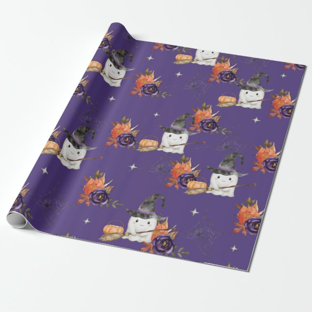 A Little Boo Cute Ghost Halloween Baby Shower Wrapping Paper (Unrolled)