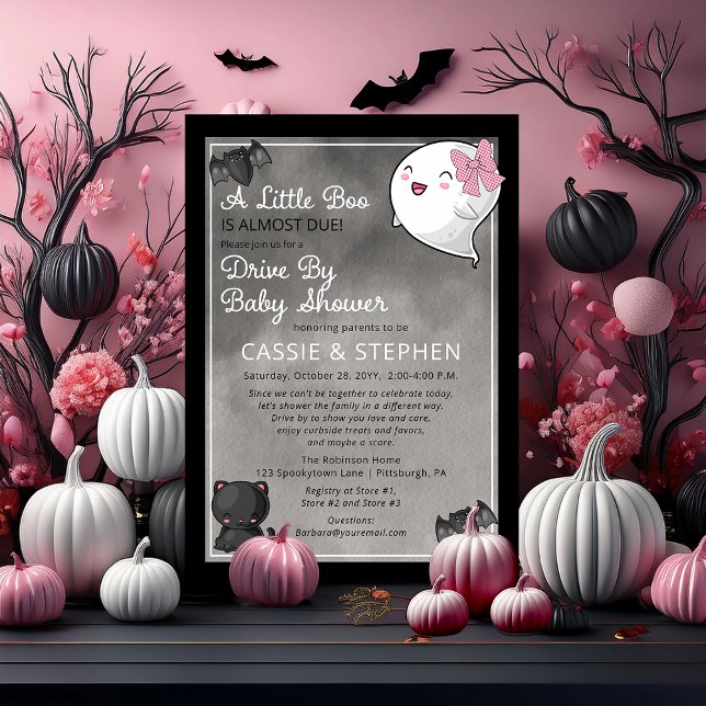 A Little Boo Ghost Girl Drive By Baby Shower Invitation (Cute "A Little Boo" "Drive By Baby Shower" Girl Coquette Ghost Kawaii Baby Shower Invitation)